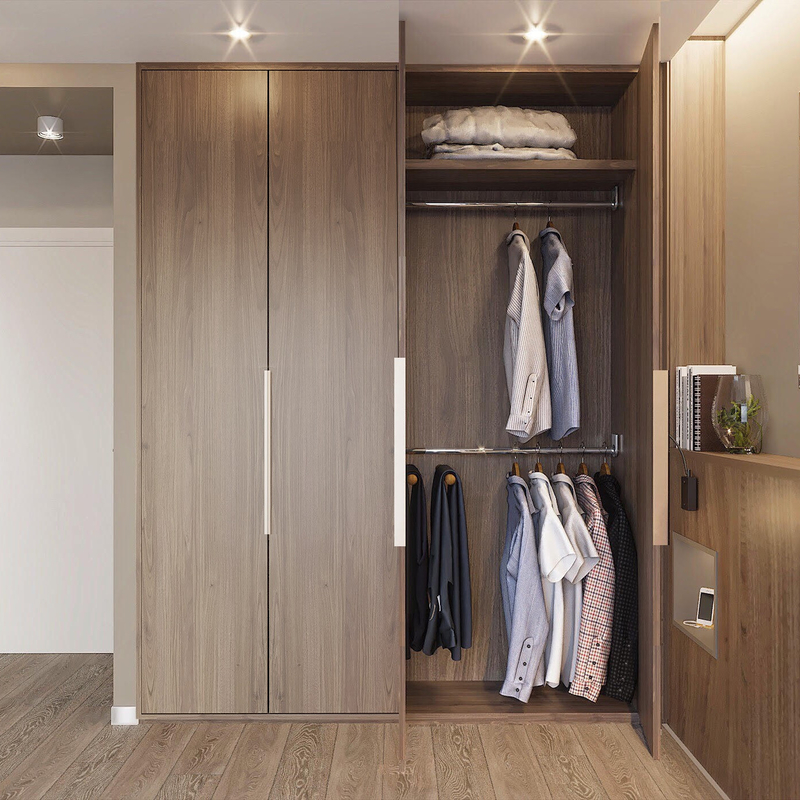 Modern formte ich Pendeltür-Garderoben-Holz masere Bauholz-Furnier-Blatt mit geführtem hellem Luxusschlafzimmer-Wandschrank
