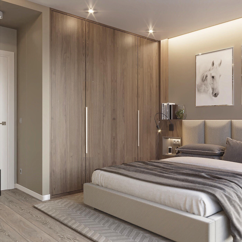 Modern formte ich Pendeltür-Garderoben-Holz masere Bauholz-Furnier-Blatt mit geführtem hellem Luxusschlafzimmer-Wandschrank