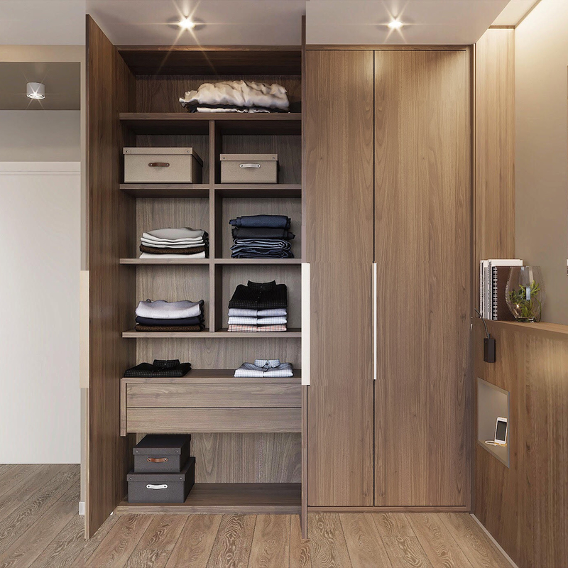 Modern formte ich Pendeltür-Garderoben-Holz masere Bauholz-Furnier-Blatt mit geführtem hellem Luxusschlafzimmer-Wandschrank