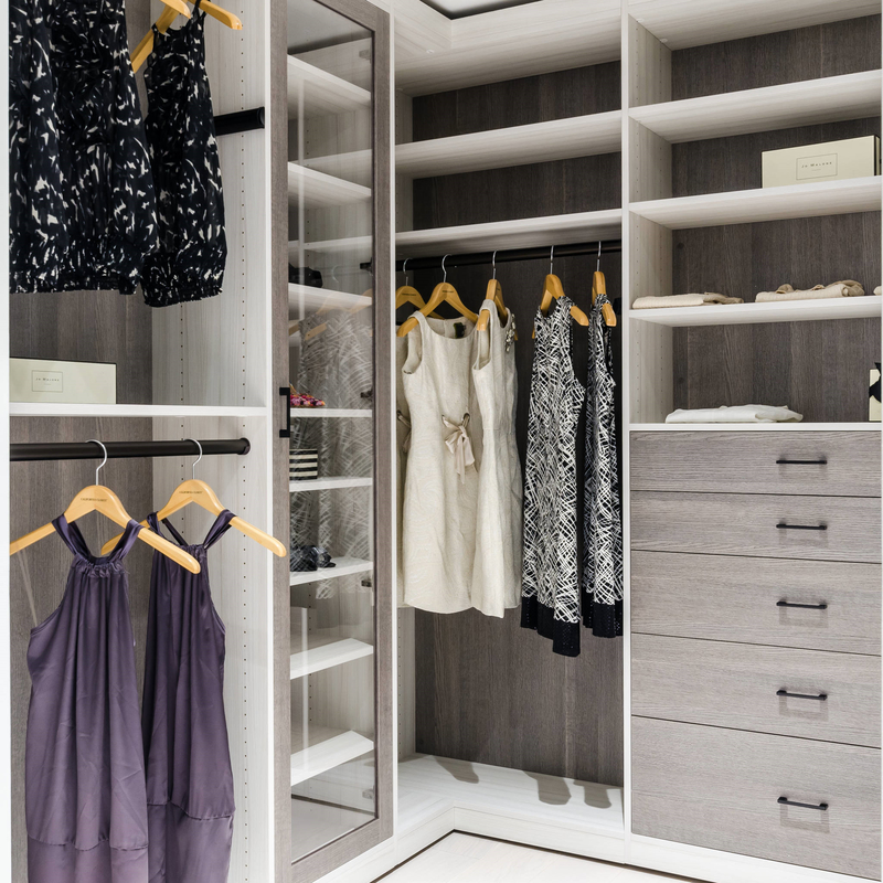 U formen hölzernen Weg Matte Grey Melamine Walk Through Wardrobes im Roben-Speicher