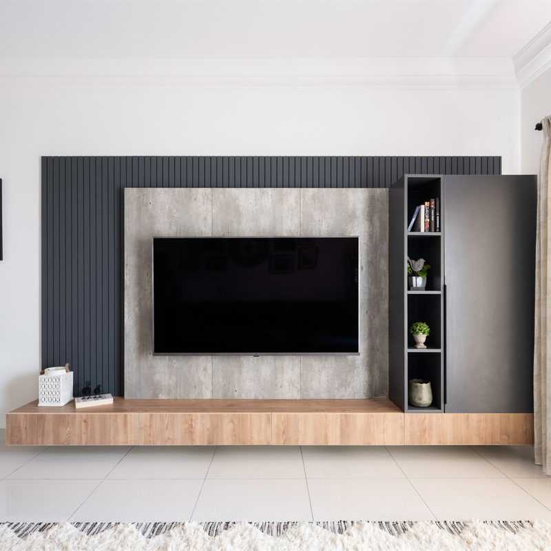 Modernes weißes dunkles Grey Wall Mounted Fernsehkabinett-Melamin Fernseheinheits-Bank-Holz-Korn
