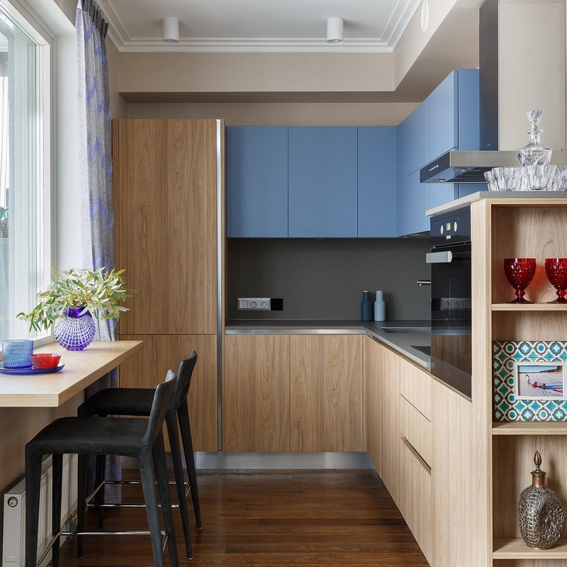 Blaue Lack-Küchenschrank-Holz-Korn-Farbfreie Griff-Küche eingestellt mit Countertop