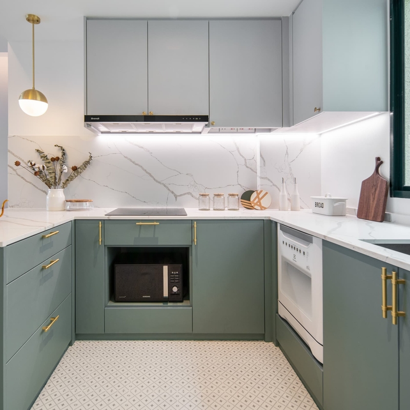 Gray And Blue Lacquer Storage-Schrank-Metallgriff-kleiner Satz mit Wannen-Küchenschränken