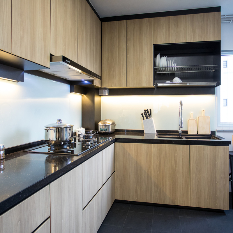 Kleiner Küchenschrank des Raum-Holz-Korn-Melamin-Basis-Küchenschrank-ganzen Satzes mit Fach und Wanne