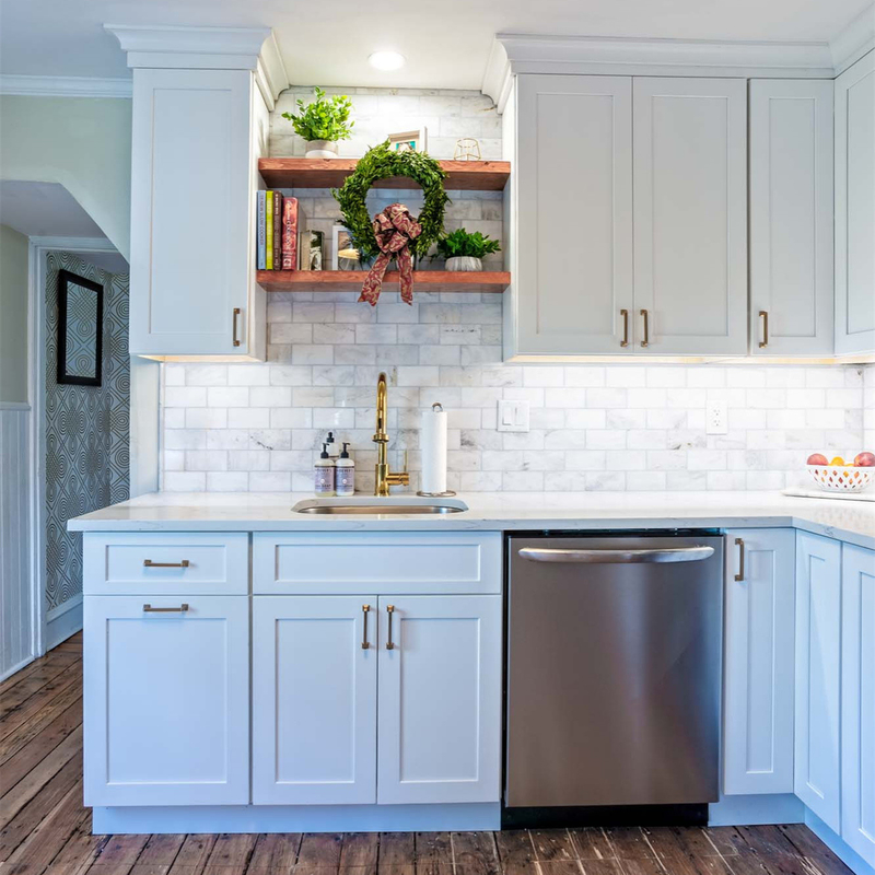 Amerikanische Populäre Moderne Wohnungsmöbel L-Form Weißes Thermofolie Küchenschrank Shaker Komplett-Sets